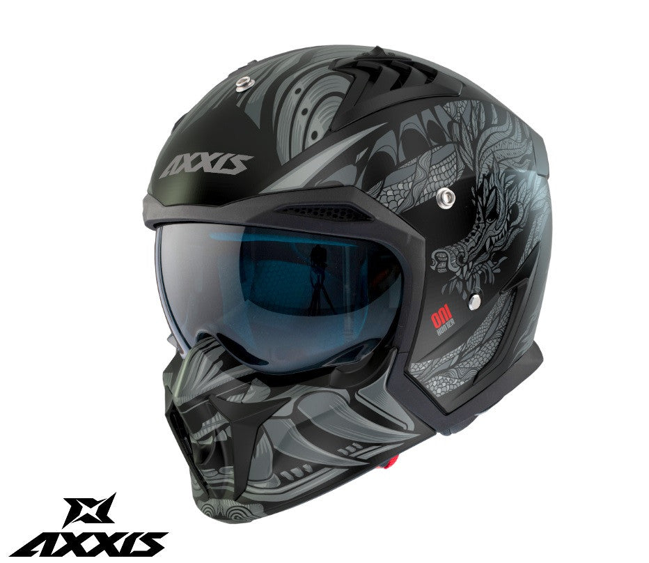 Casca Axxis model Hunter SV ONI B2 gri mat mat (ochelari soare integrati) - masca (protectie) barbie si cozoroc detasabile