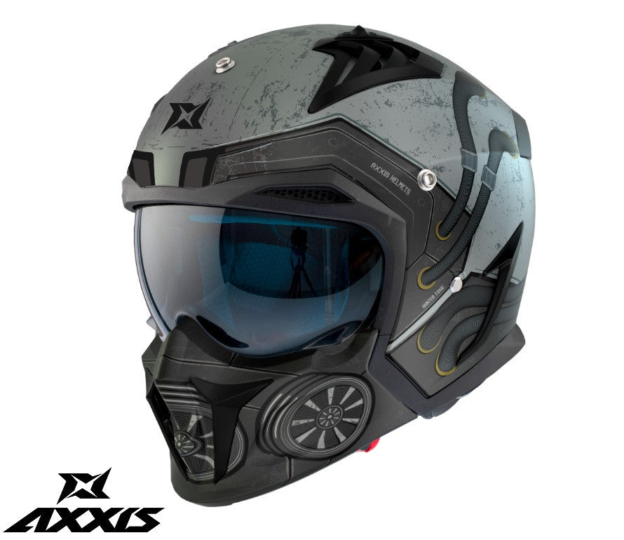 Casca Axxis model Hunter SV Toxic C2 gri mat mat (ochelari soare integrati) - masca (protectie) barbie si cozoroc detasabile