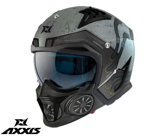 Casca Axxis model Hunter SV Toxic C2 gri mat mat (ochelari soare integrati) - masca (protectie) barbie si cozoroc detasabile
