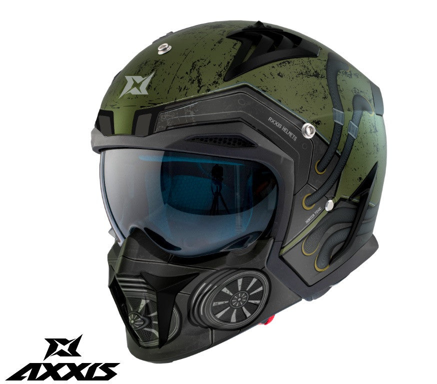 Casca Axxis model Hunter SV Toxic C6 verde mat mat (ochelari soare integrati) - masca (protectie) barbie si cozoroc detasabile