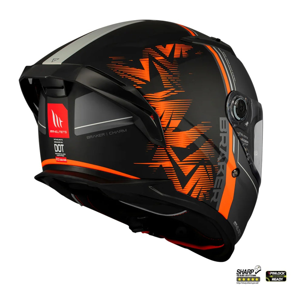 Casca integrala MT Braker SV Charm B4 negru/portocaliu mat (ochelari soare integrati) - tip viziera: MT-V-28B - DKS435 - punctaj maxim SHARP Test - 5 stele