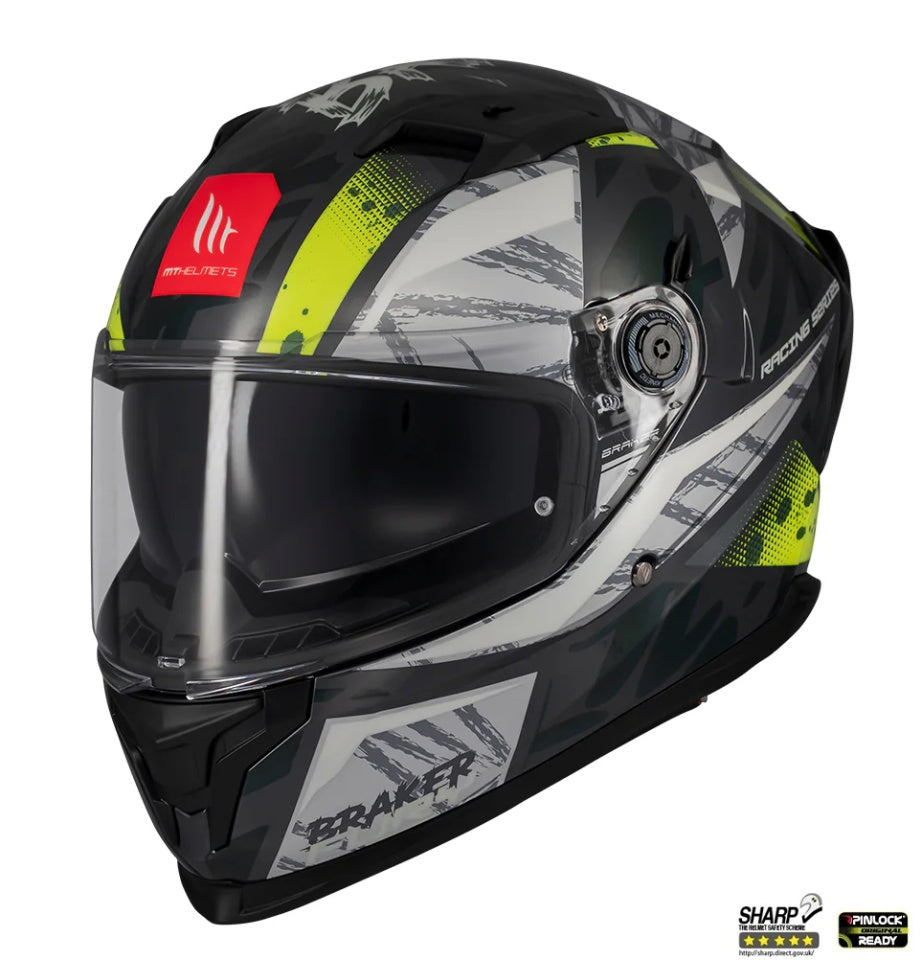 Casca integrala MT Braker SV Fury C6 gri/galben lucios (ochelari soare integrati) - tip viziera: MT-V-28B - DKS435 - punctaj maxim SHARP Test - 5 stele