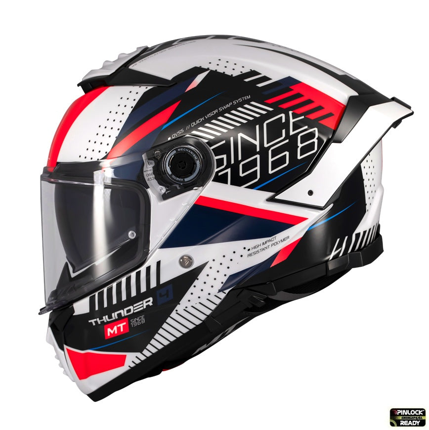 Casca integrala MT Thunder 4 SV Luminence A7 alb/rosu/albastru lucios (ochelari soare integrati) - tip viziera: MT-V-28B