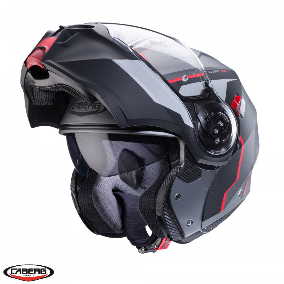 Casca modulabila (flip-up) Caberg model Duke Evo Move L2 SV gun metal (titanium)/negru/rosu mat Pinlock ready - lentila Pinlock inclusa