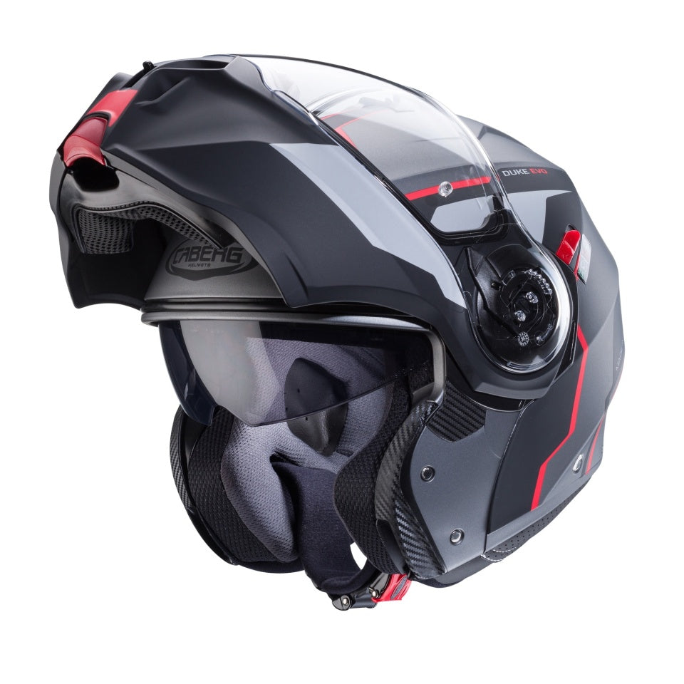 Casca modulabila (flip-up) Caberg model Duke Evo Move L2 SV gun metal (titanium)/negru/rosu mat Pinlock ready - lentila Pinlock inclusa