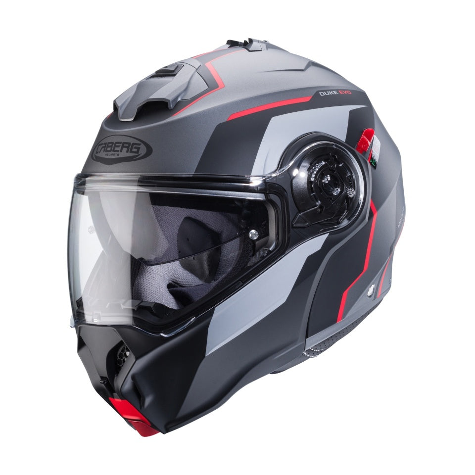 Casca modulabila (flip-up) Caberg model Duke Evo Move L2 SV gun metal (titanium)/negru/rosu mat Pinlock ready - lentila Pinlock inclusa