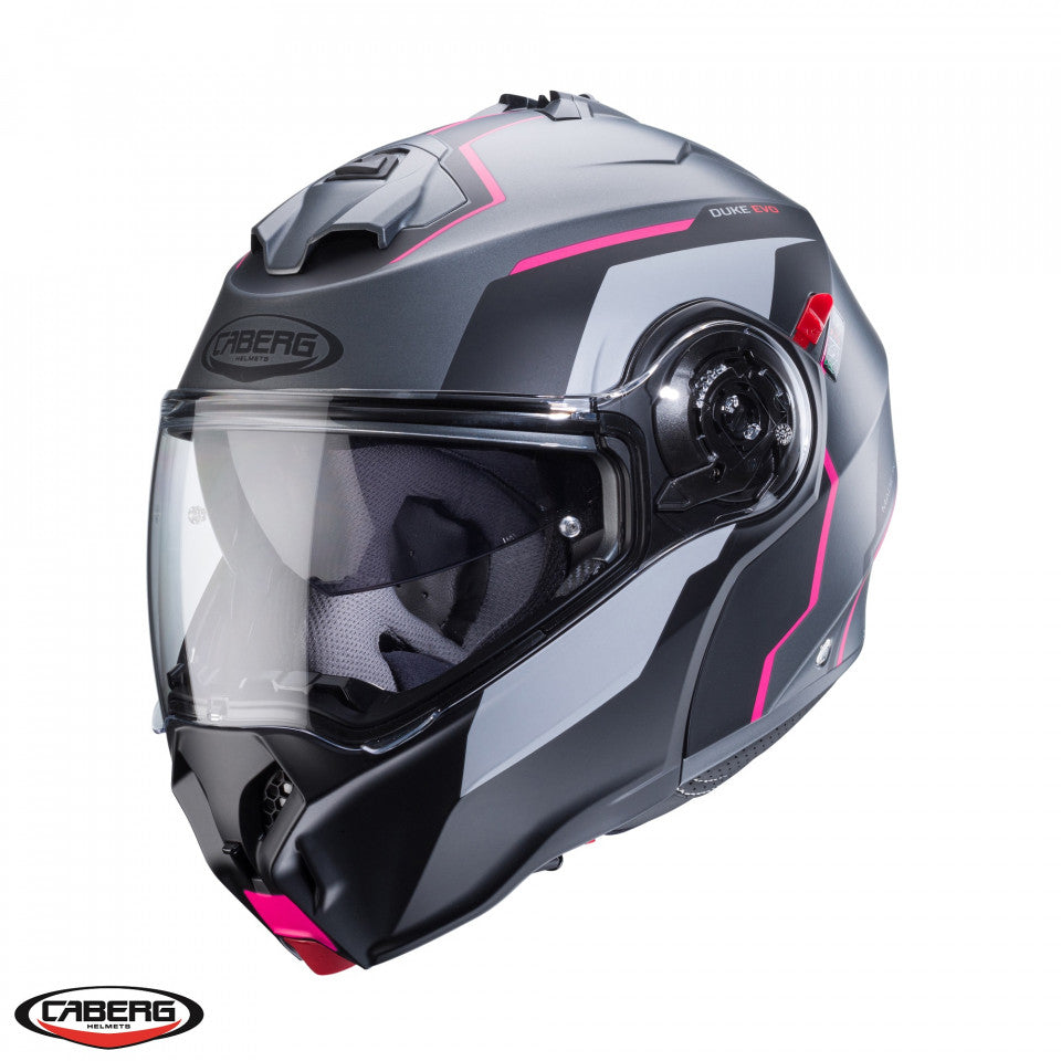 Casca modulabila (flip-up) Caberg model Duke Evo Move M1 SV gun metal (titanium)/negru/fuchsia (roz) mat Pinlock ready – lentila Pinlock inclusa