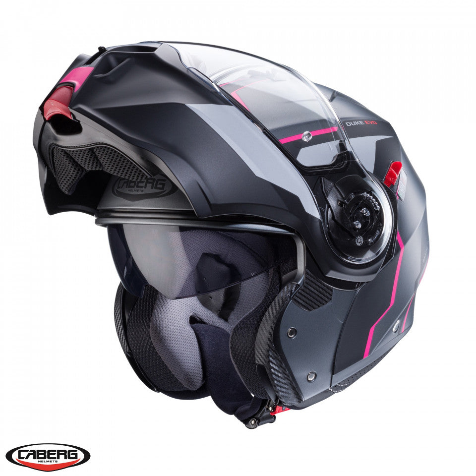 Casca modulabila (flip-up) Caberg model Duke Evo Move M1 SV gun metal (titanium)/negru/fuchsia (roz) mat Pinlock ready – lentila Pinlock inclusa