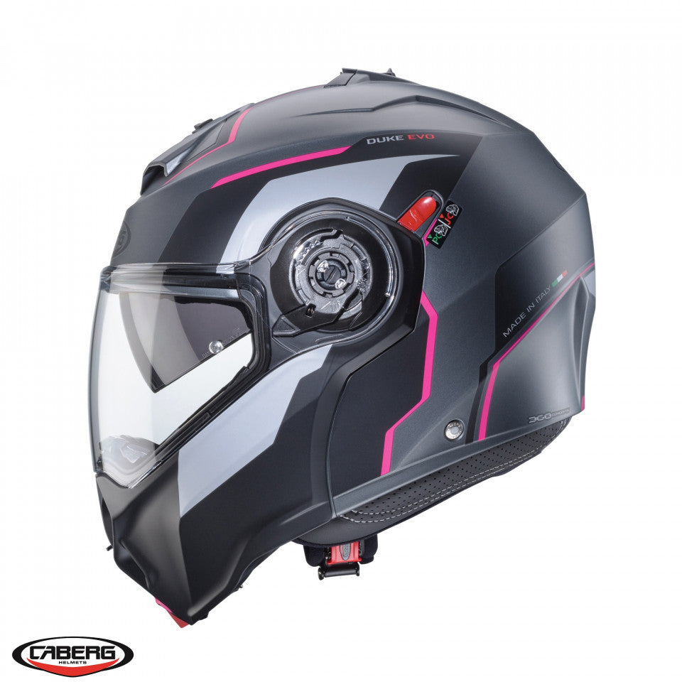Casca modulabila (flip-up) Caberg model Duke Evo Move M1 SV gun metal (titanium)/negru/fuchsia (roz) mat Pinlock ready – lentila Pinlock inclusa