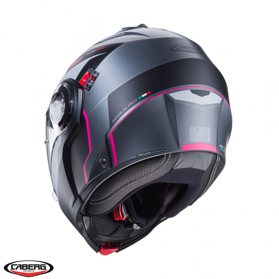 Casca modulabila (flip-up) Caberg model Duke Evo Move M1 SV gun metal (titanium)/negru/fuchsia (roz) mat Pinlock ready – lentila Pinlock inclusa