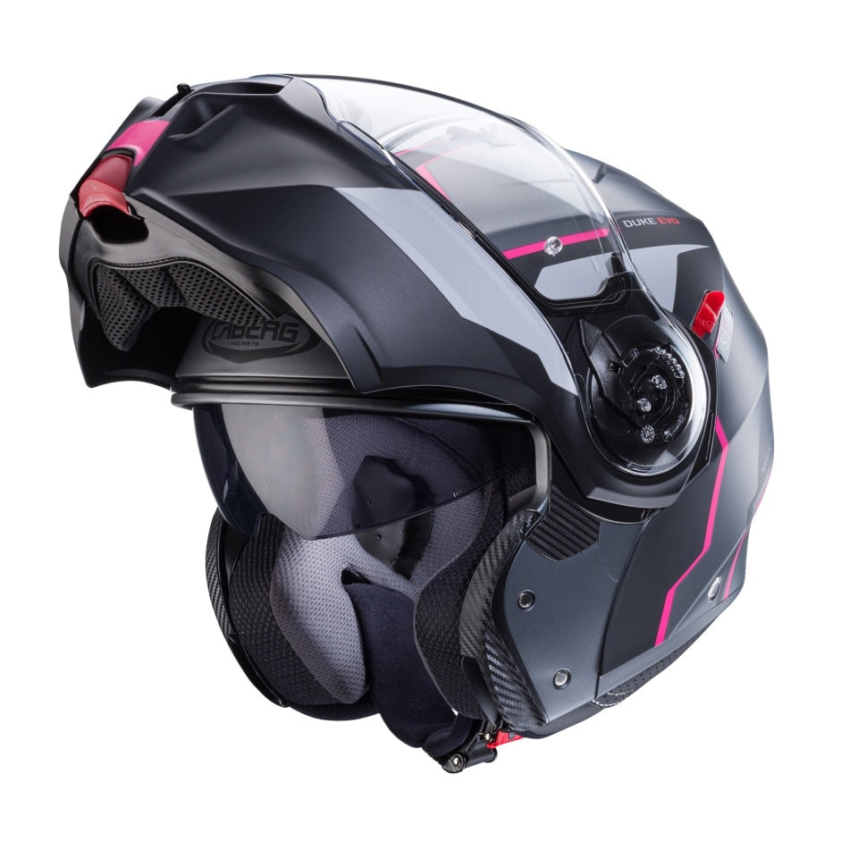 Casca modulabila (flip-up) Caberg model Duke Evo Move M1 SV gun metal (titanium)/negru/fuchsia (roz) mat Pinlock ready – lentila Pinlock inclusa