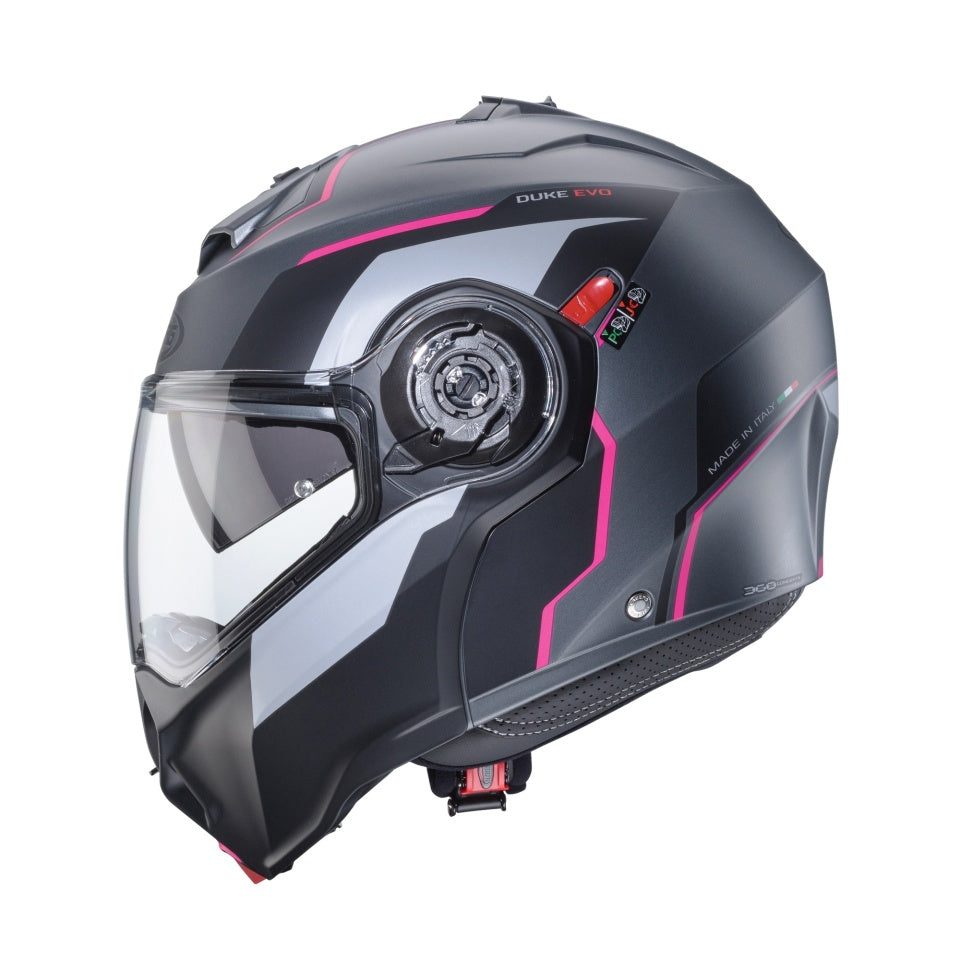 Casca modulabila (flip-up) Caberg model Duke Evo Move M1 SV gun metal (titanium)/negru/fuchsia (roz) mat Pinlock ready – lentila Pinlock inclusa