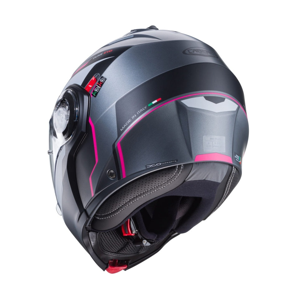Casca modulabila (flip-up) Caberg model Duke Evo Move M1 SV gun metal (titanium)/negru/fuchsia (roz) mat Pinlock ready – lentila Pinlock inclusa