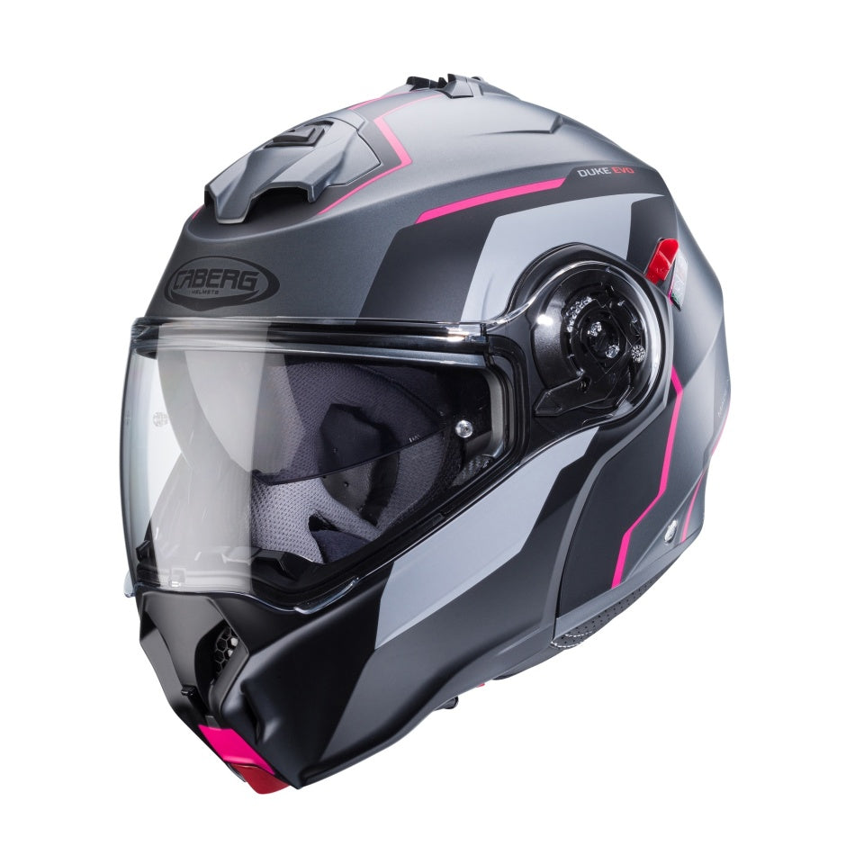 Casca modulabila (flip-up) Caberg model Duke Evo Move M1 SV gun metal (titanium)/negru/fuchsia (roz) mat Pinlock ready – lentila Pinlock inclusa