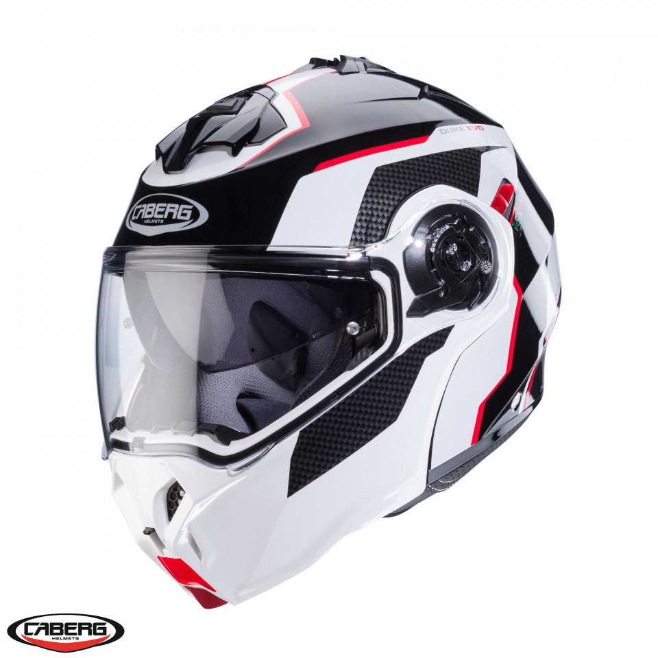 Casca modulabila (flip-up) Caberg model Duke Evo Move M3 SV negru/alb/rosu lucios Pinlock ready – lentila Pinlock inclusa