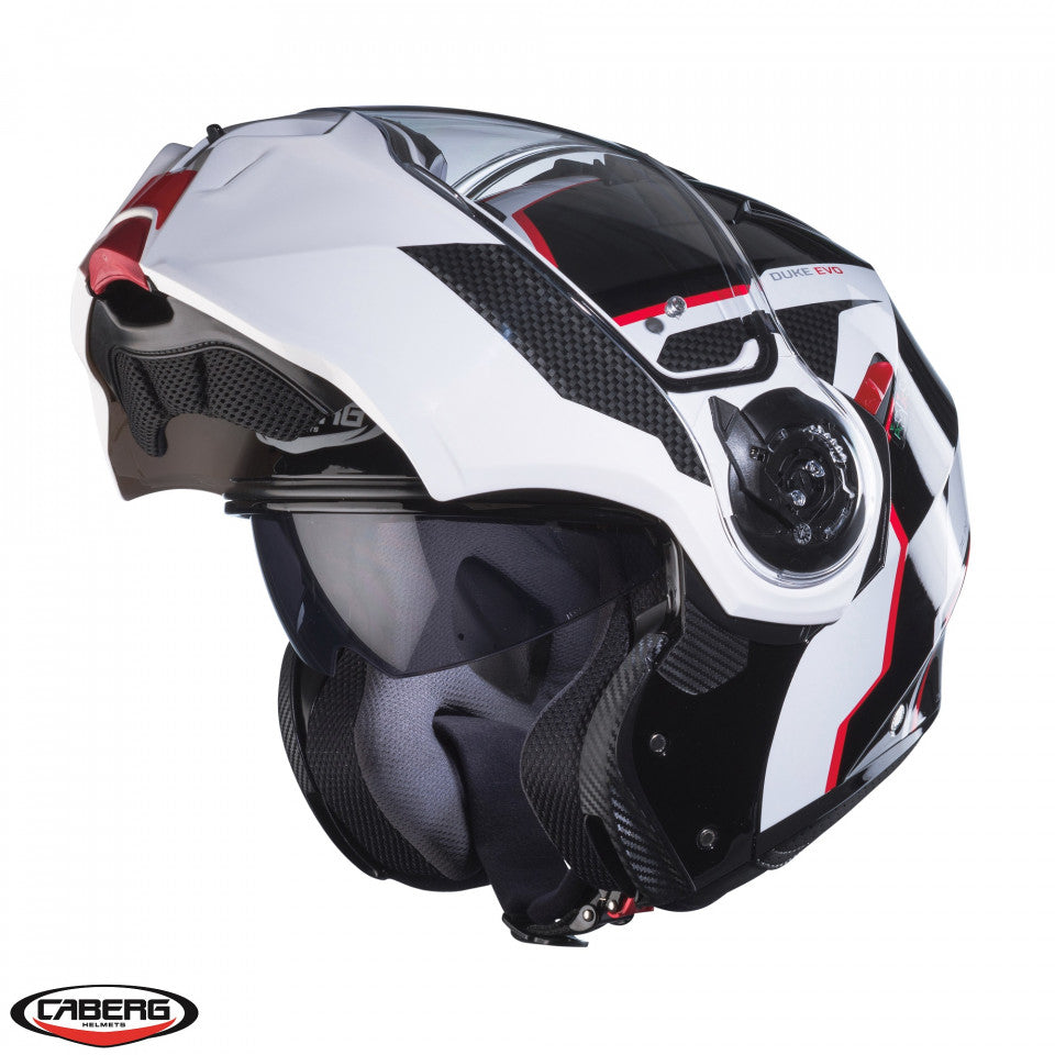 Casca modulabila (flip-up) Caberg model Duke Evo Move M3 SV negru/alb/rosu lucios Pinlock ready – lentila Pinlock inclusa