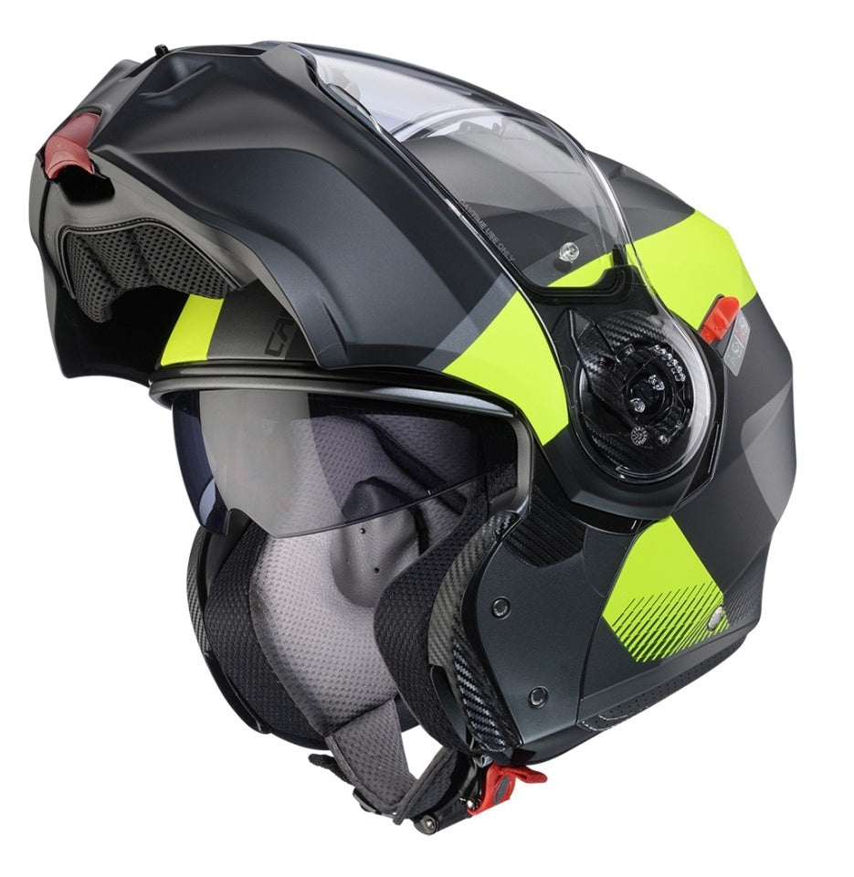 Casca modulabila (flip-up) Caberg model Duke Evo SV Indy L1 gun metal (titanium)/galben fluor/negru mat Pinlock ready - lentila Pinlock inclusa