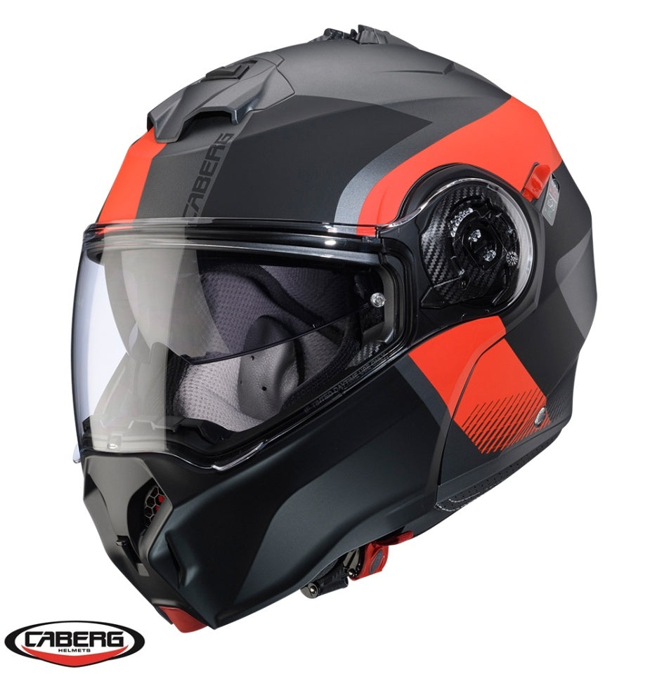 Casca modulabila (flip-up) Caberg model Duke Evo SV Indy L2 gun metal (titanium)/rosu fluor/negru mat Pinlock ready - lentila Pinlock inclusa