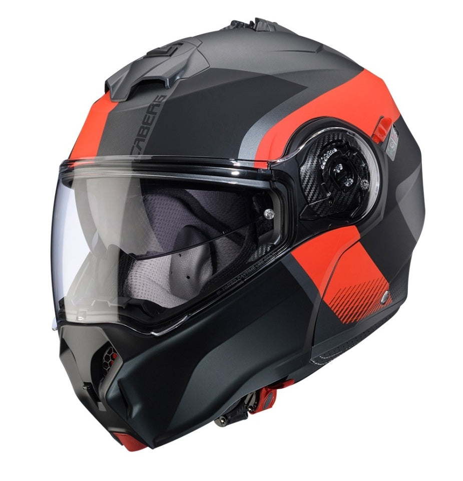 Casca modulabila (flip-up) Caberg model Duke Evo SV Indy L2 gun metal (titanium)/rosu fluor/negru mat Pinlock ready - lentila Pinlock inclusa