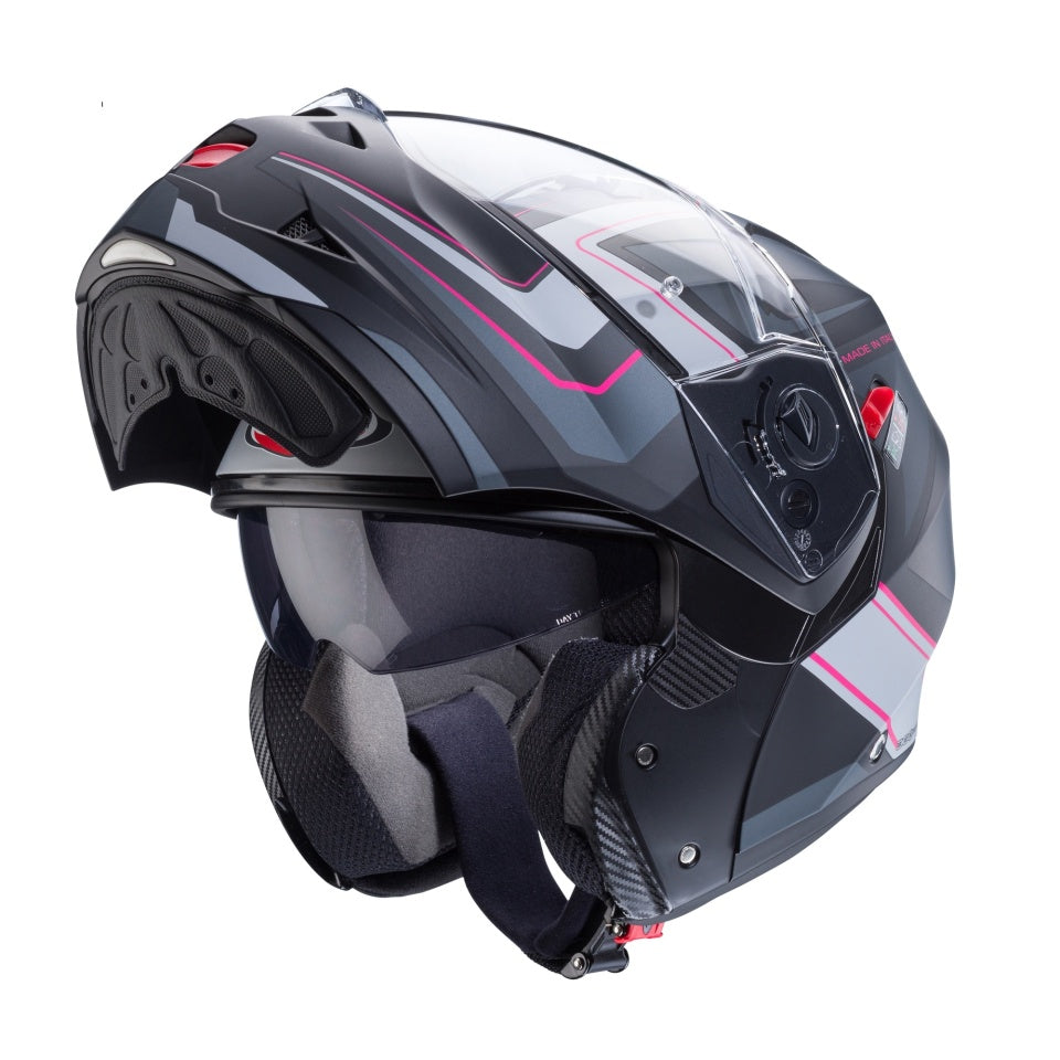 Casca modulabila (flip-up) Caberg model Duke X SV Tour G5 negru/fuchsia (roz)/antracit mat Pinlock ready - lentila Pinlock inclusa