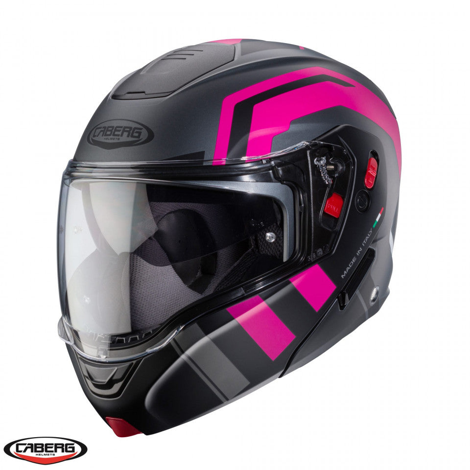 Casca modulabila (flip-up) Caberg model Horus X Road M1 gun metal (titanium)/negru/fuchsia (roz) mat Pinlock ready - lentila Pinlock inclusa