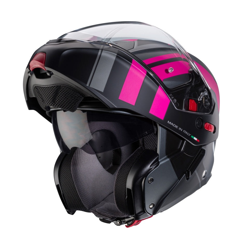Casca modulabila (flip-up) Caberg model Horus X Road M1 gun metal (titanium)/negru/fuchsia (roz) mat Pinlock ready - lentila Pinlock inclusa