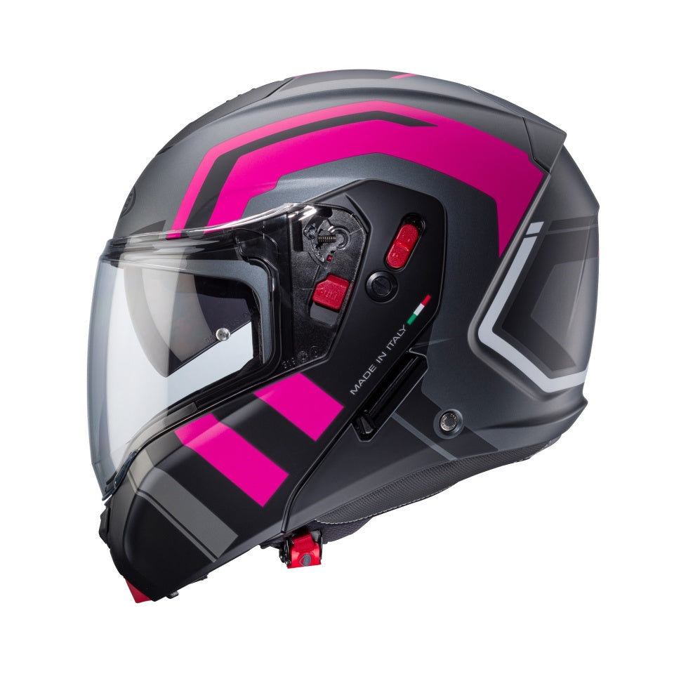 Casca modulabila (flip-up) Caberg model Horus X Road M1 gun metal (titanium)/negru/fuchsia (roz) mat Pinlock ready - lentila Pinlock inclusa