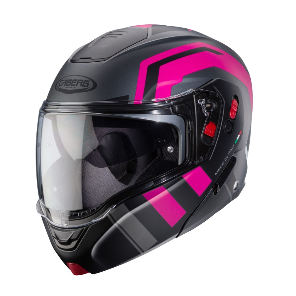 Casca modulabila (flip-up) Caberg model Horus X Road M1 gun metal (titanium)/negru/fuchsia (roz) mat Pinlock ready - lentila Pinlock inclusa
