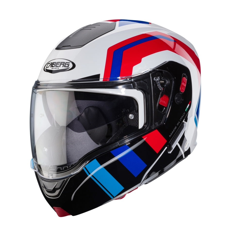 Casca modulabila (flip-up) Caberg model Horus X Road M6 alb/rosu/albastru lucios Pinlock ready - lentila Pinlock inclusa