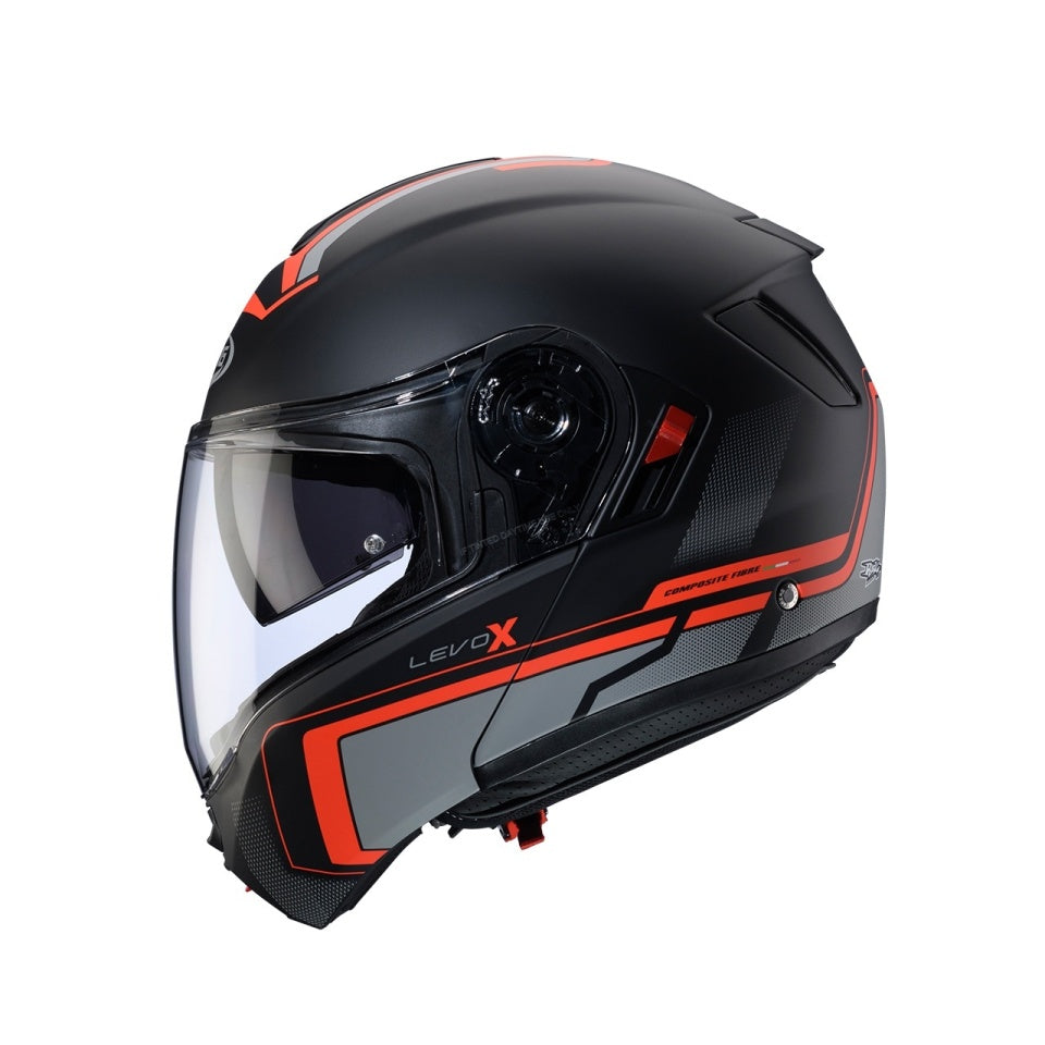 Casca modulabila (flip-up) Caberg model Levo X Elite L7 negru/gri/rosu fluor mat Pinlock ready - lentila Pinlock inclusa (fibra de sticla)