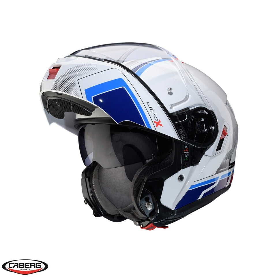 Casca modulabila (flip-up) Caberg model Levo X Elite O5 alb/albastru/rosu lucios Pinlock ready - lentila Pinlock inclusa (fibra de sticla)