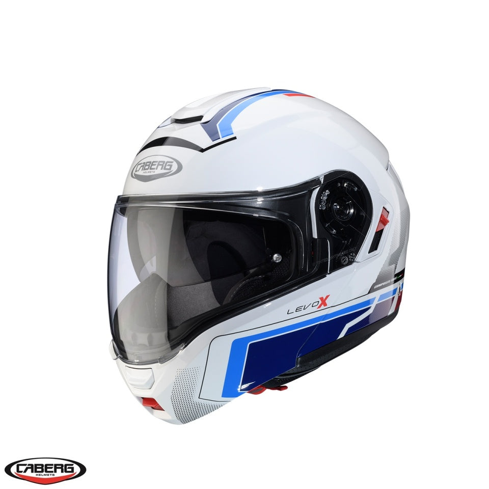 Casca modulabila (flip-up) Caberg model Levo X Elite O5 alb/albastru/rosu lucios Pinlock ready - lentila Pinlock inclusa (fibra de sticla)