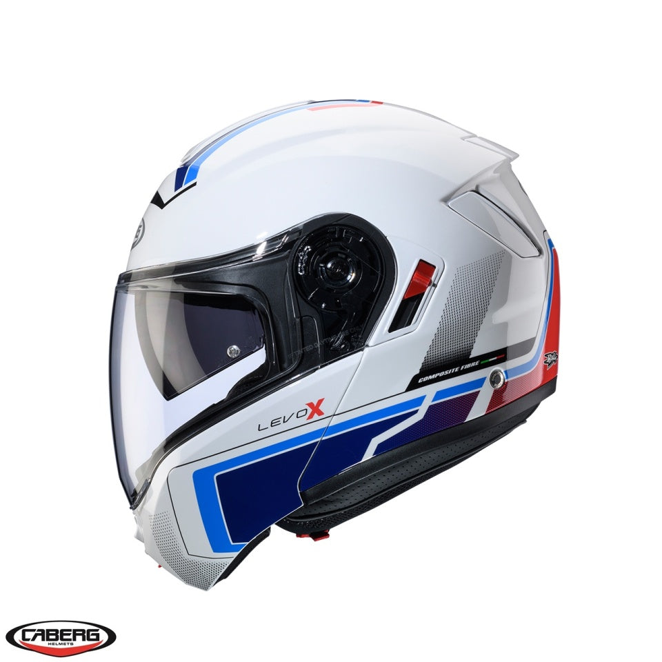Casca modulabila (flip-up) Caberg model Levo X Elite O5 alb/albastru/rosu lucios Pinlock ready - lentila Pinlock inclusa (fibra de sticla)