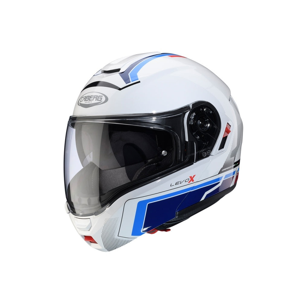 Casca modulabila (flip-up) Caberg model Levo X Elite O5 alb/albastru/rosu lucios Pinlock ready - lentila Pinlock inclusa (fibra de sticla)