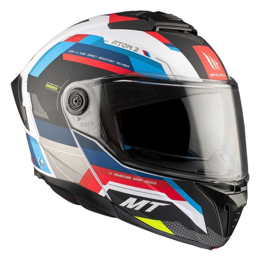 Casca modulabila MT Atom 2 SV Bast A0 alb/rosu/albastru lucios (ochelari soare integrati) Pinlock Ready - tip viziera: MT-V-35