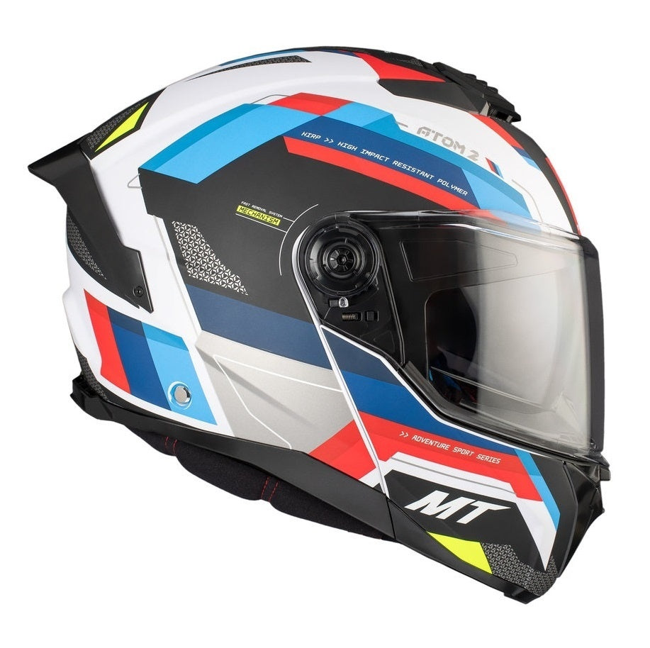 Casca modulabila MT Atom 2 SV Bast A0 alb/rosu/albastru lucios (ochelari soare integrati) Pinlock Ready - tip viziera: MT-V-35