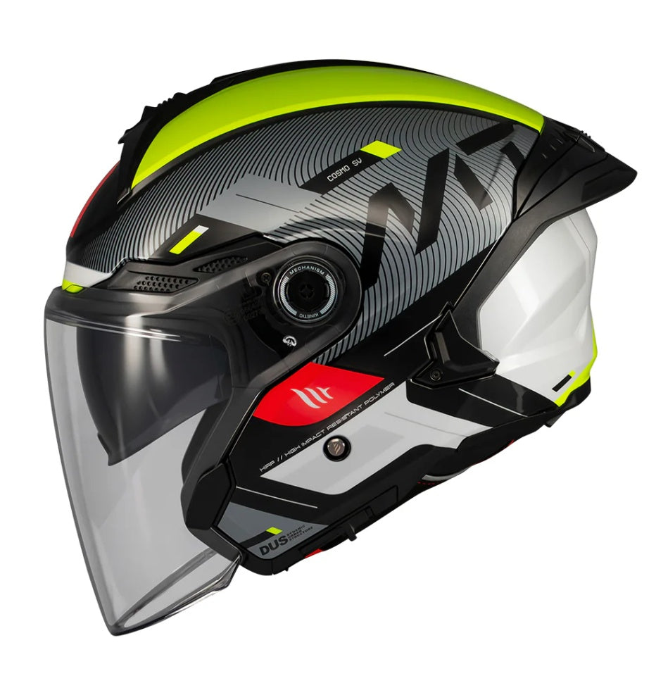 Casca open face motociclete MT Cosmo SV Silence B3 galben fluor lucios (ochelari soare integrati)